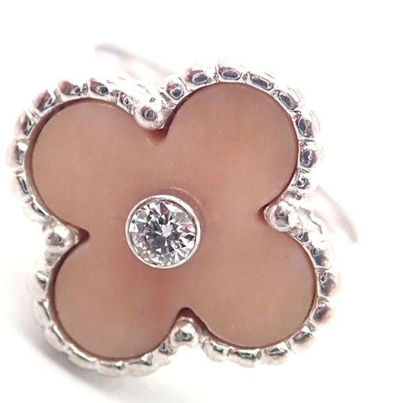Authentic! Van Cleef & Arpels Alhambra 18k White Gold Pink Opal Diamond Ring - Picture 1 of 9